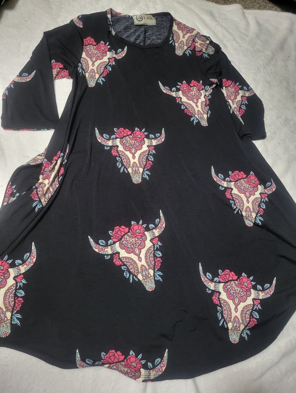 L&B Size Small Black Swing Dress with Pink Floral Bull Skull Print